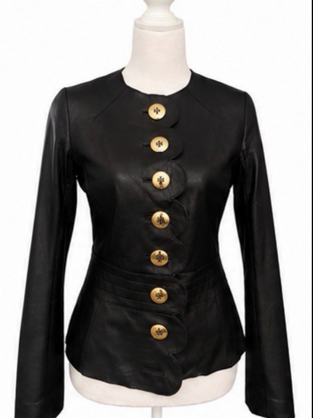 Tory Burch Black Leather Scalloped Jacket with Gold Logo Buttons